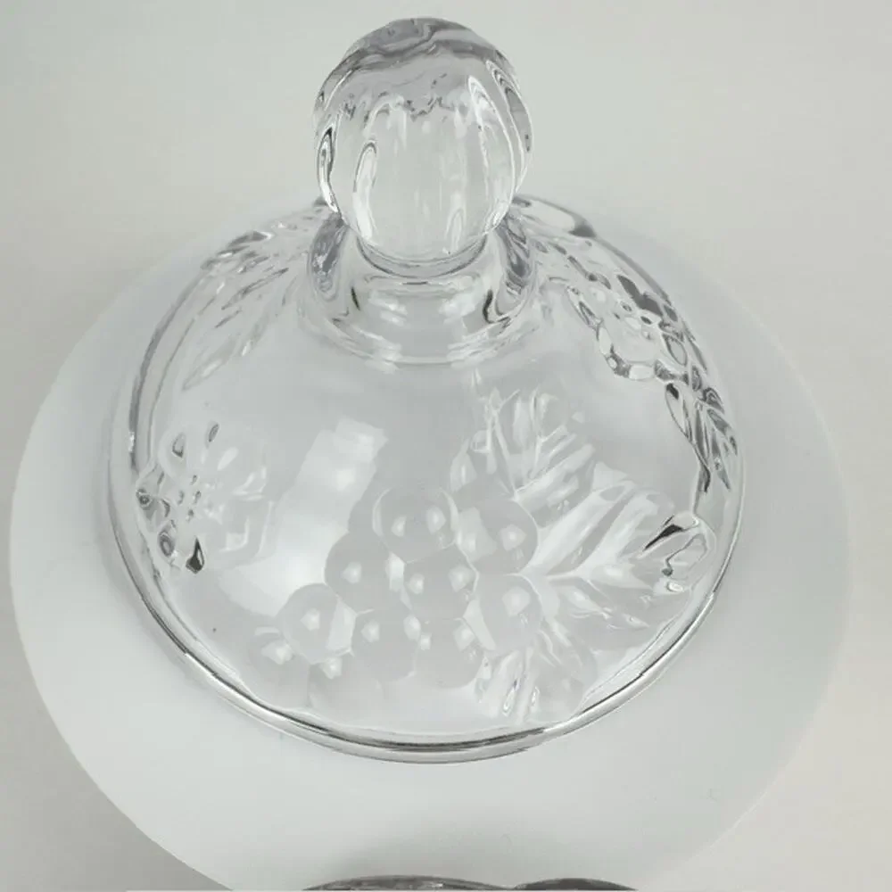 Vintage Clear Glass Candy Dish and Lid w/ Grape Vine /Cherries/Flowers Motif